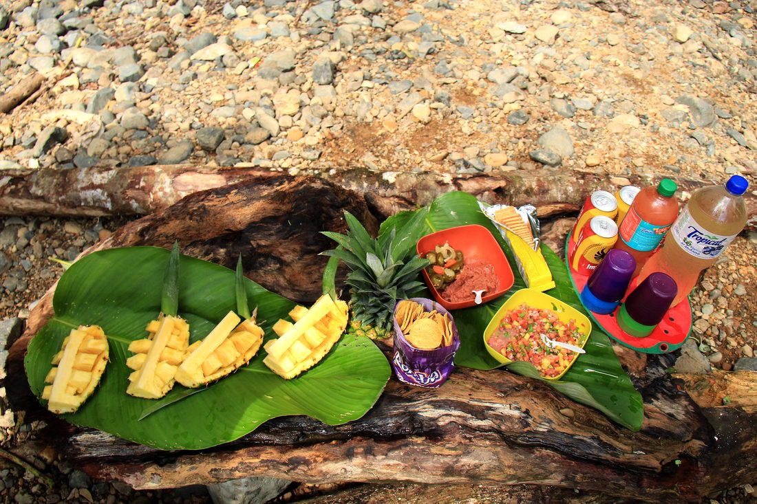 Fresh pineapple and fruit served on a leaf for the riverside snack
